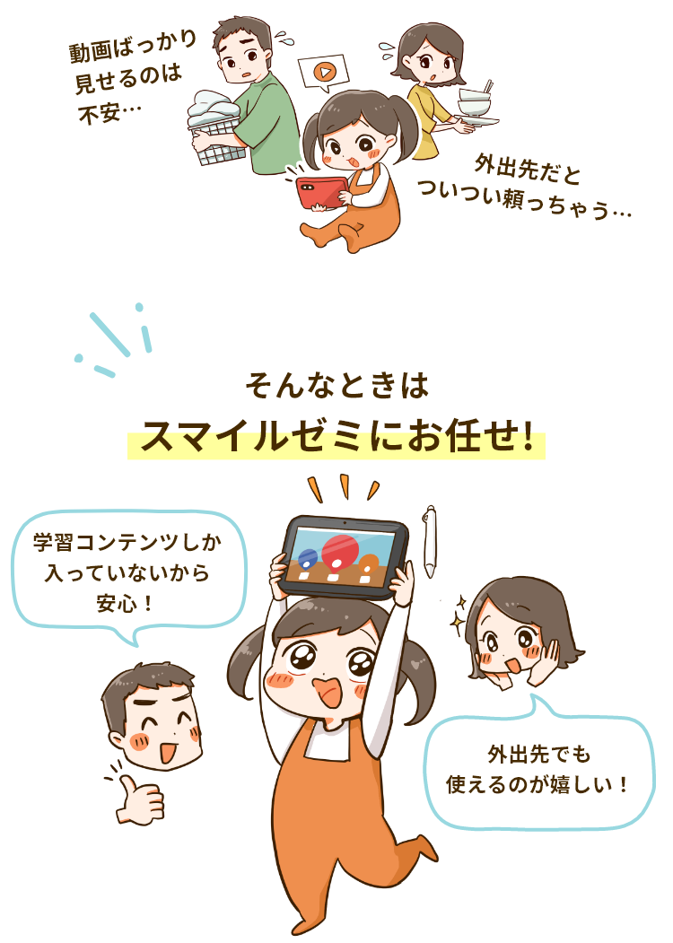 動画ばっかり見せるのは不安…、外出先だとついつい頼っちゃう…そんな時はスマイルゼミにお任せ！学習コンテンツしか入っていないから安心！外出先でも使えるのが嬉しい！