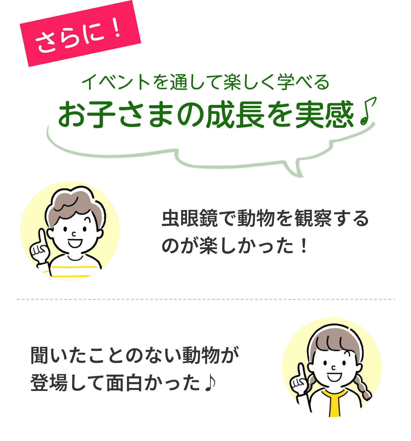 お子さまの成長を実感！「虫眼鏡で動物を観察するのが楽しかった！」「聞いたことのない動物が登場して面白かった♪」
