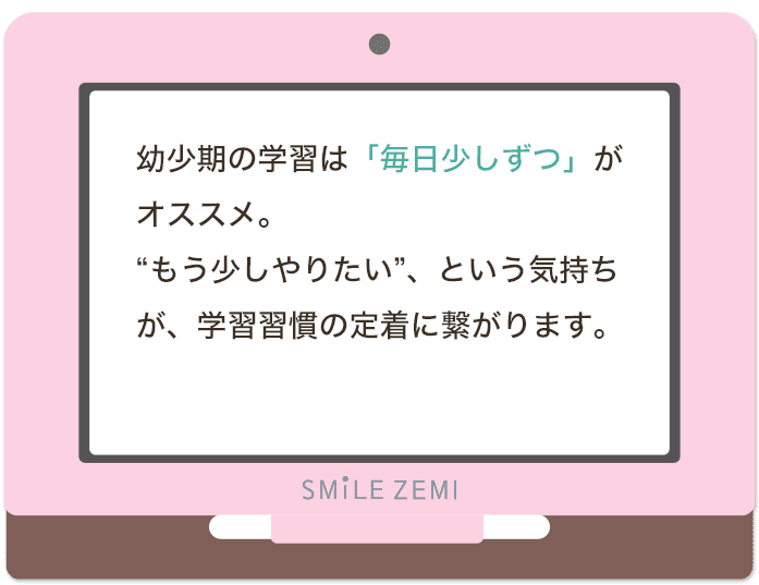 幼少期の学習は「毎日少しずつ」がオススメ。“もう少しやりたい”、という気持ちが、学習習慣の定着に繋がります。